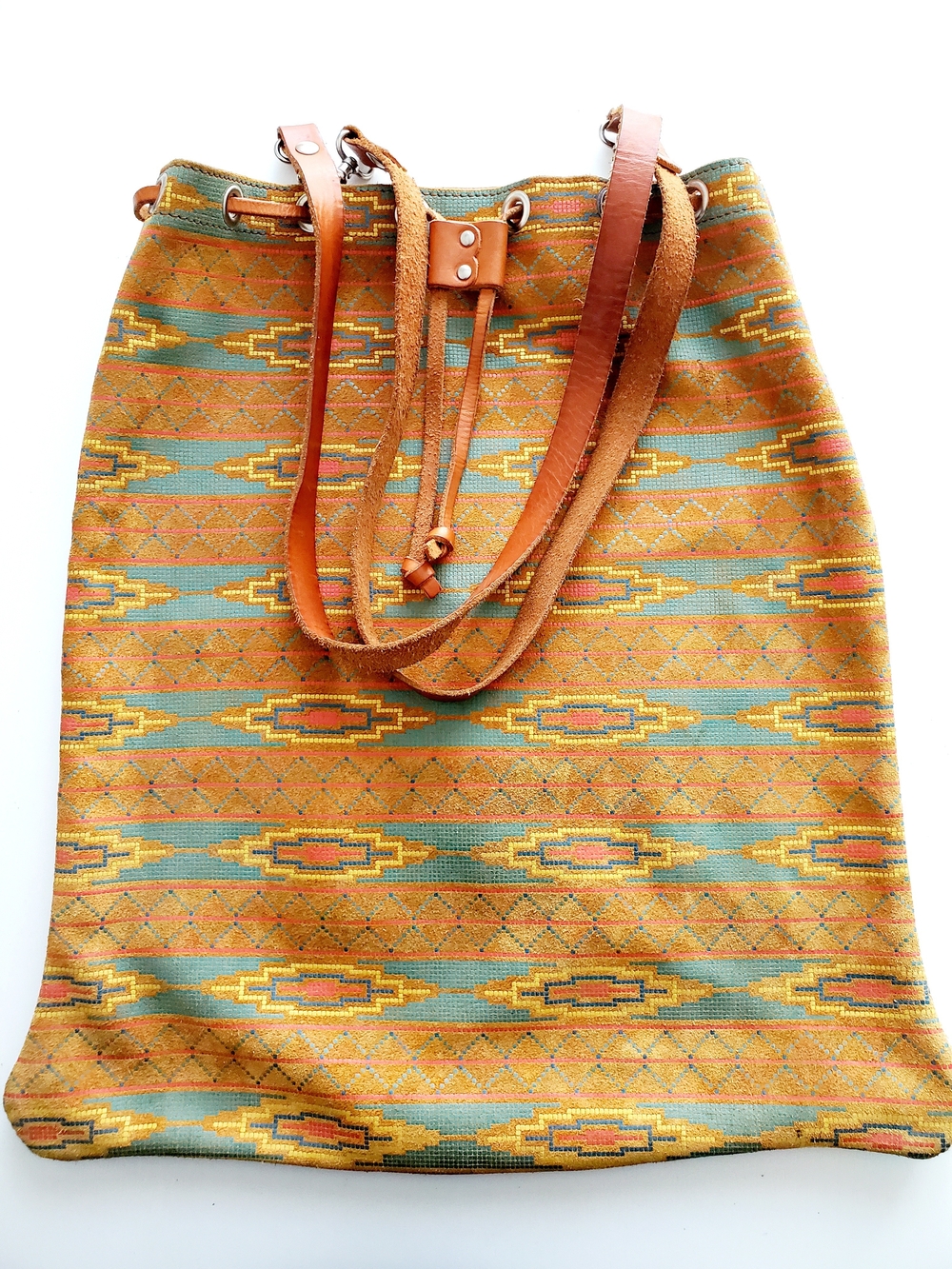 Boho Aztec-Pattern Leather Tote with Tan Leather Straps - Yellow & Blue